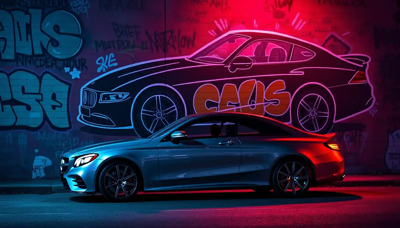 Luxury sedan parked before vibrant graffiti mural wall