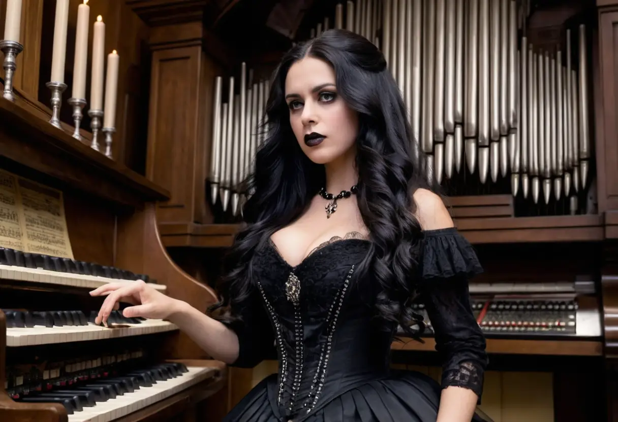 Ragazza gotica che suona con intensità un grande organo a canne