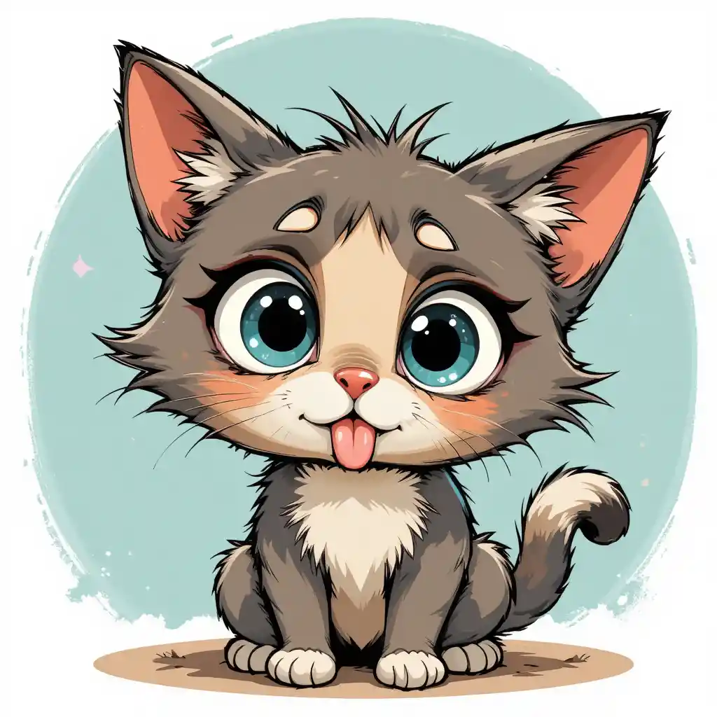 Chat cartoon fantaisiste avec une expression confuse et de grands yeux écarquillés