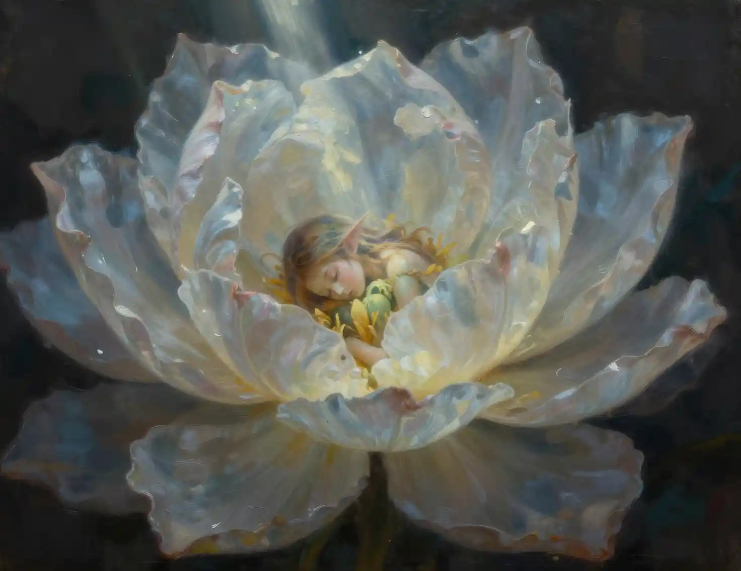 Fée endormie bercée au cœur d’une fleur translucide et lumineuse