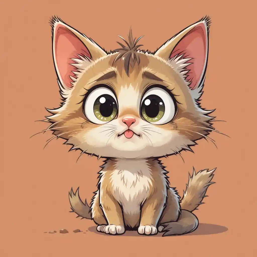 Chat de dessin animé fantasque avec expression confuse et grands yeux écarquillés