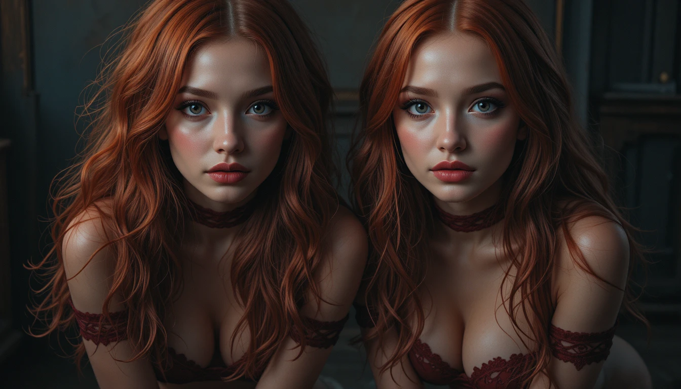 Deux femmes à genoux en lingerie de mariée cramoisie en studio
