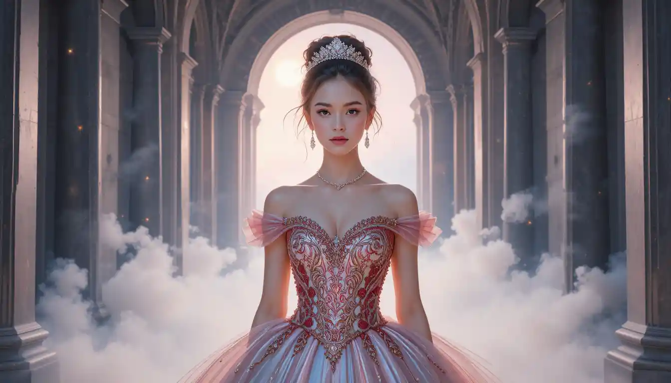 Regal princess in glowing celestial doorway with mist