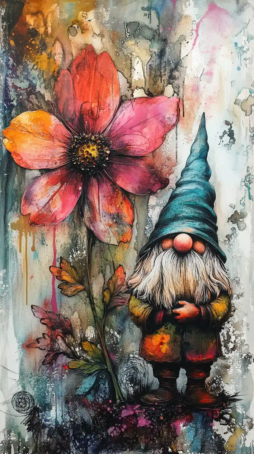 Gnome fantasque à côté d’une fleur abstraite à l’encre sombre