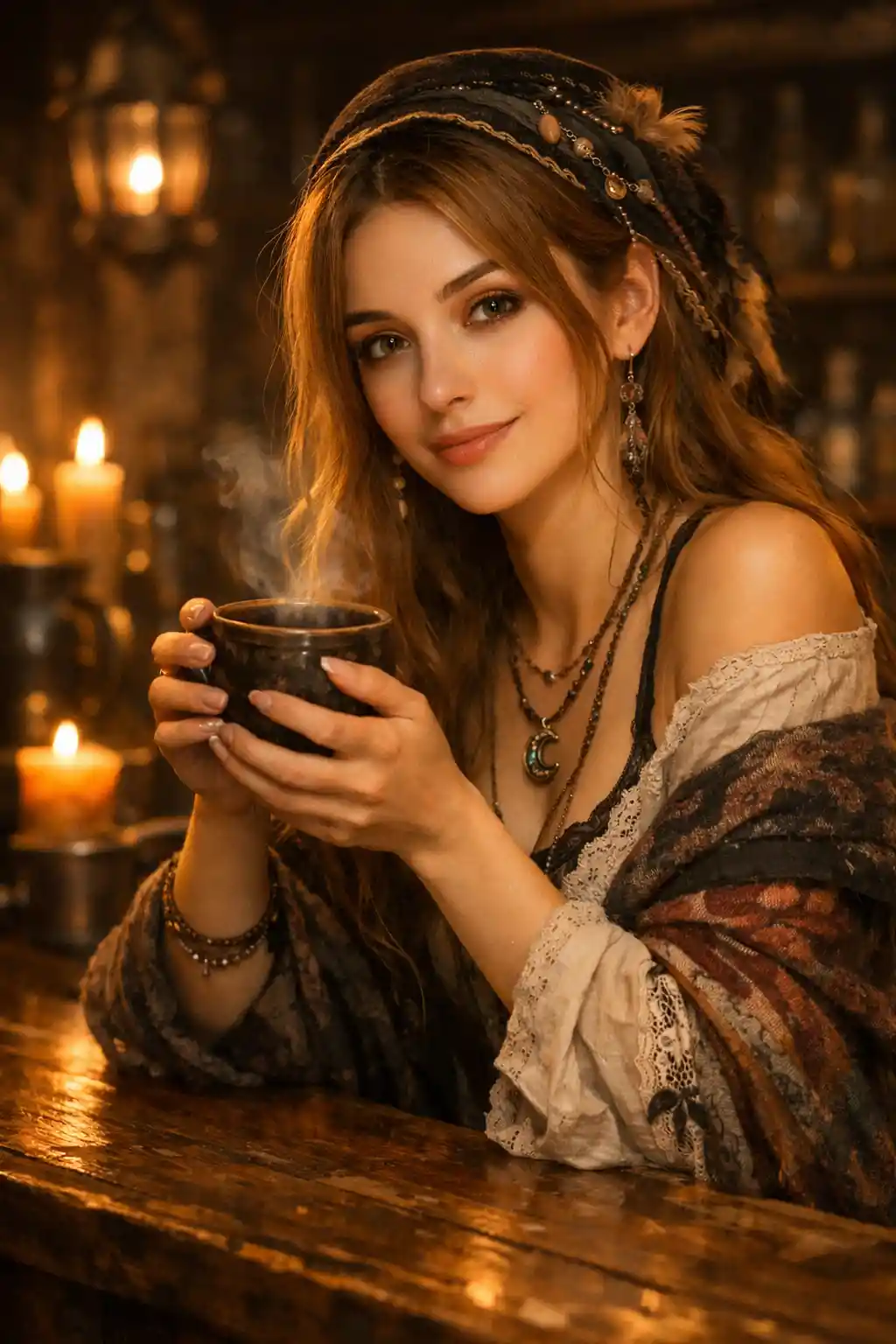 Jeune femme se relaxant dans l’intérieur d’une taverne éclairée à la bougie