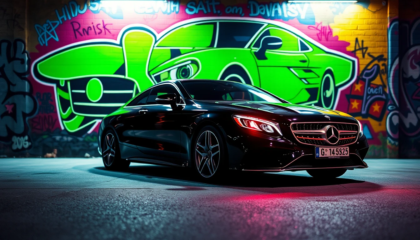 Luxury sedan parked by colorful urban graffiti mural
