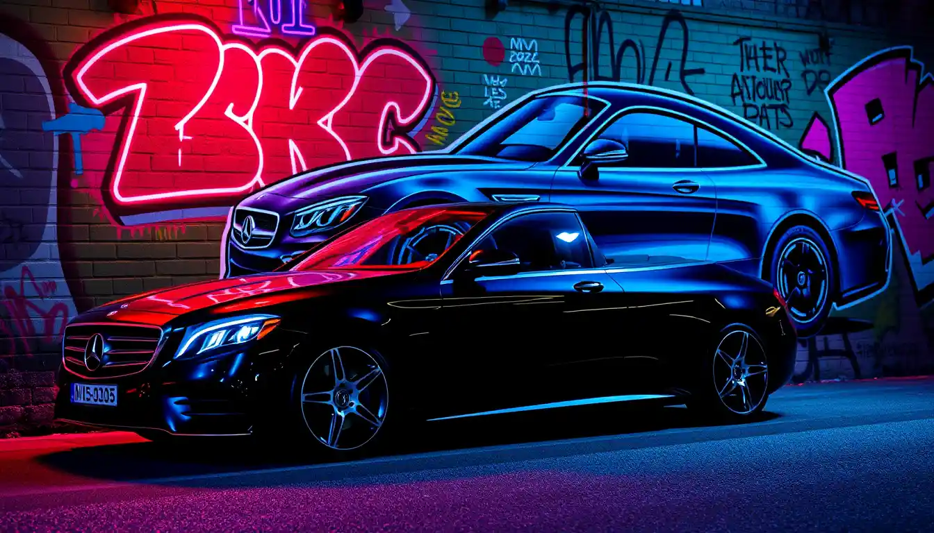Luxury sedan parked by vibrant graffiti mural wall
