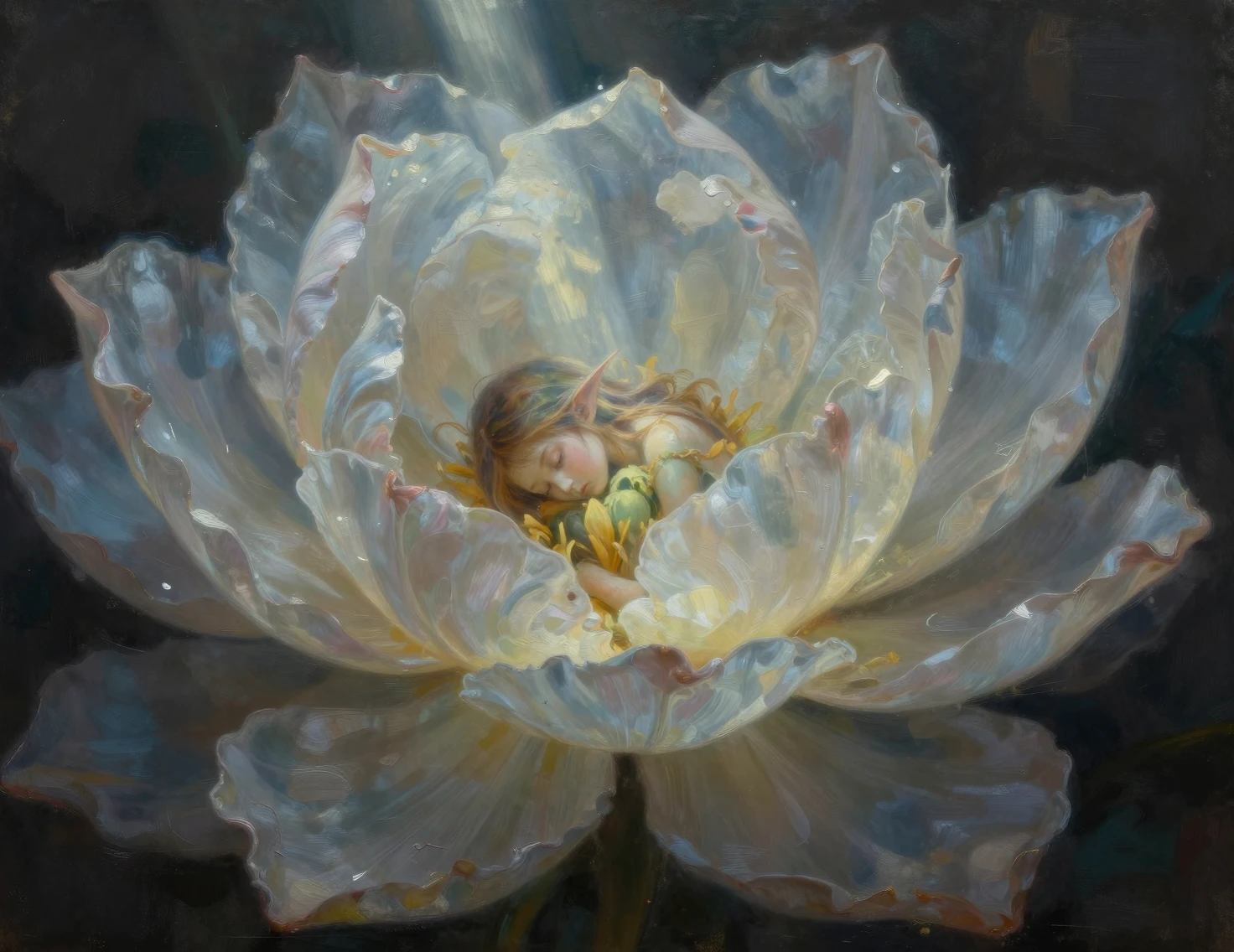 Fée endormie bercée au cœur d’une fleur translucide et lumineuse
