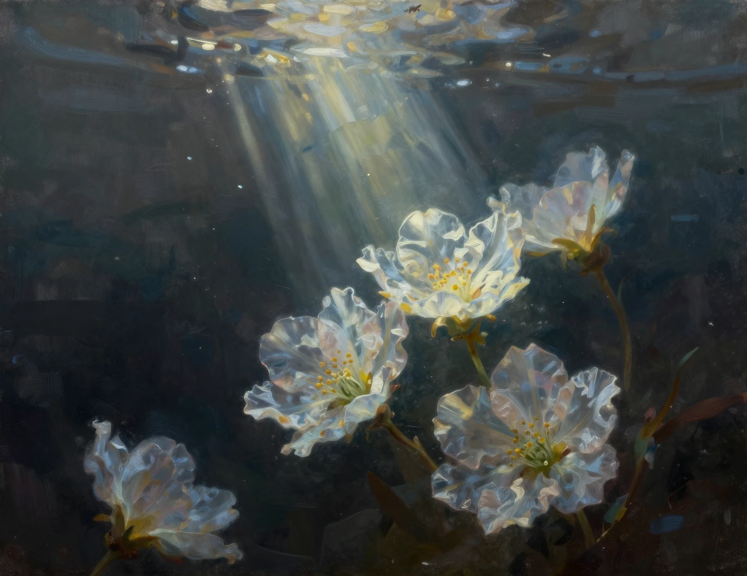 Fiori translucidi che fluttuano nella luce oscura subacquea