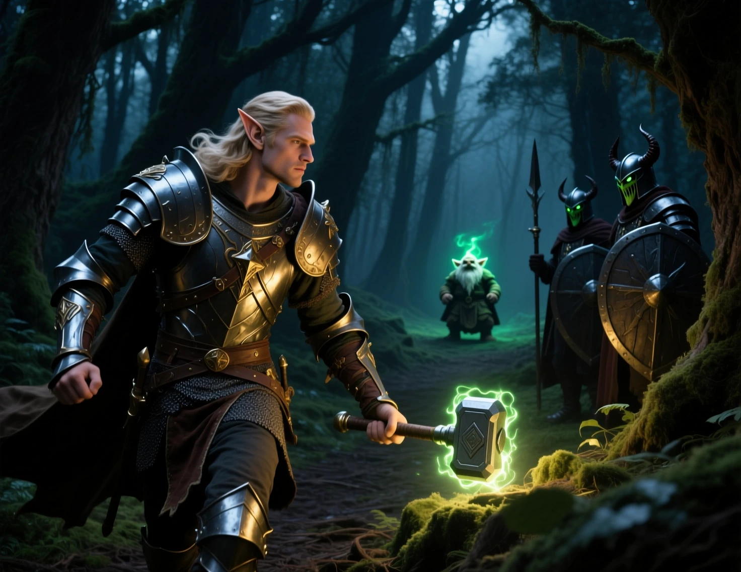 Guerrier elfe en armure resplendissante avançant dans la forêt sombre