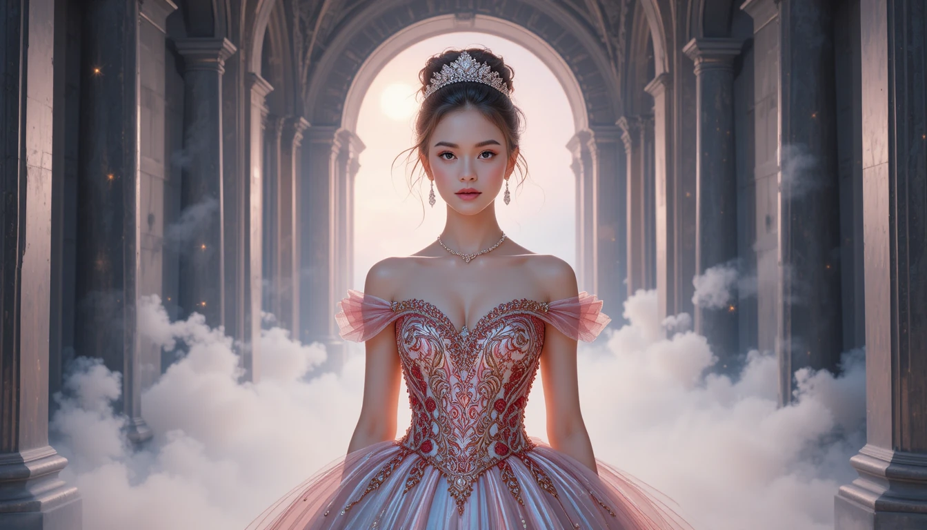 Principessa regale in portale celestiale luminoso avvolto nella nebbia