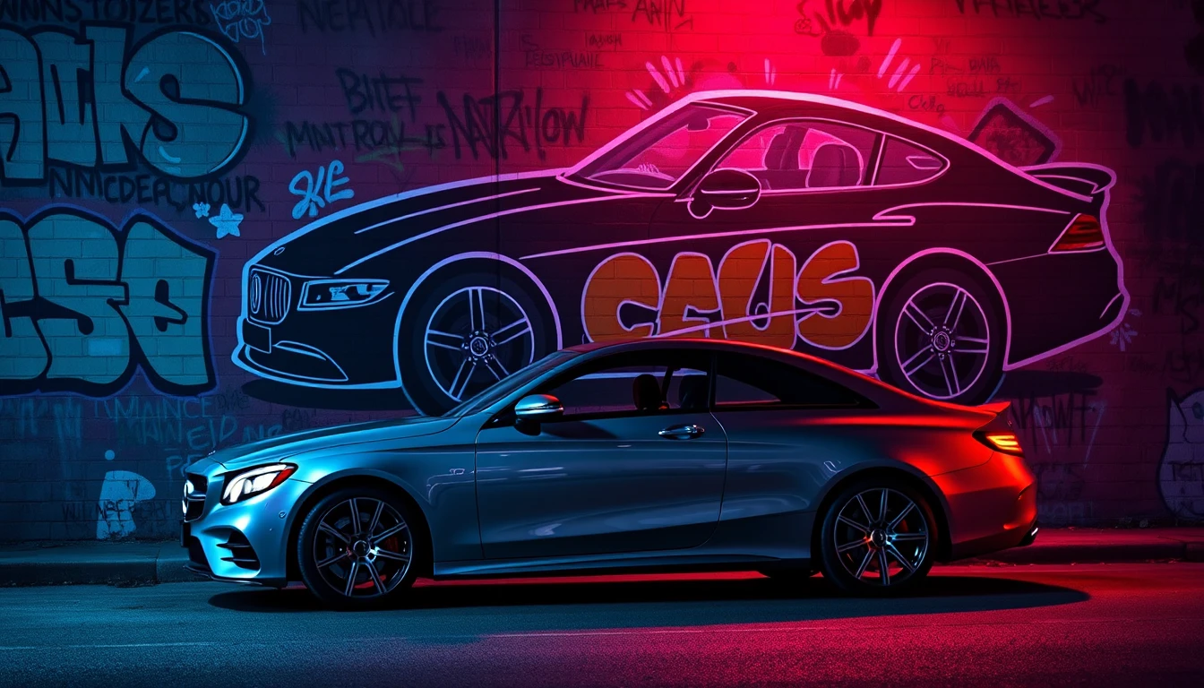 Luxury sedan parked before vibrant graffiti mural wall