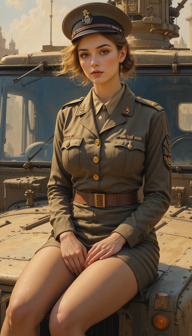 Frau als Offizierin auf einem Militärfahrzeug in Ölmalerei