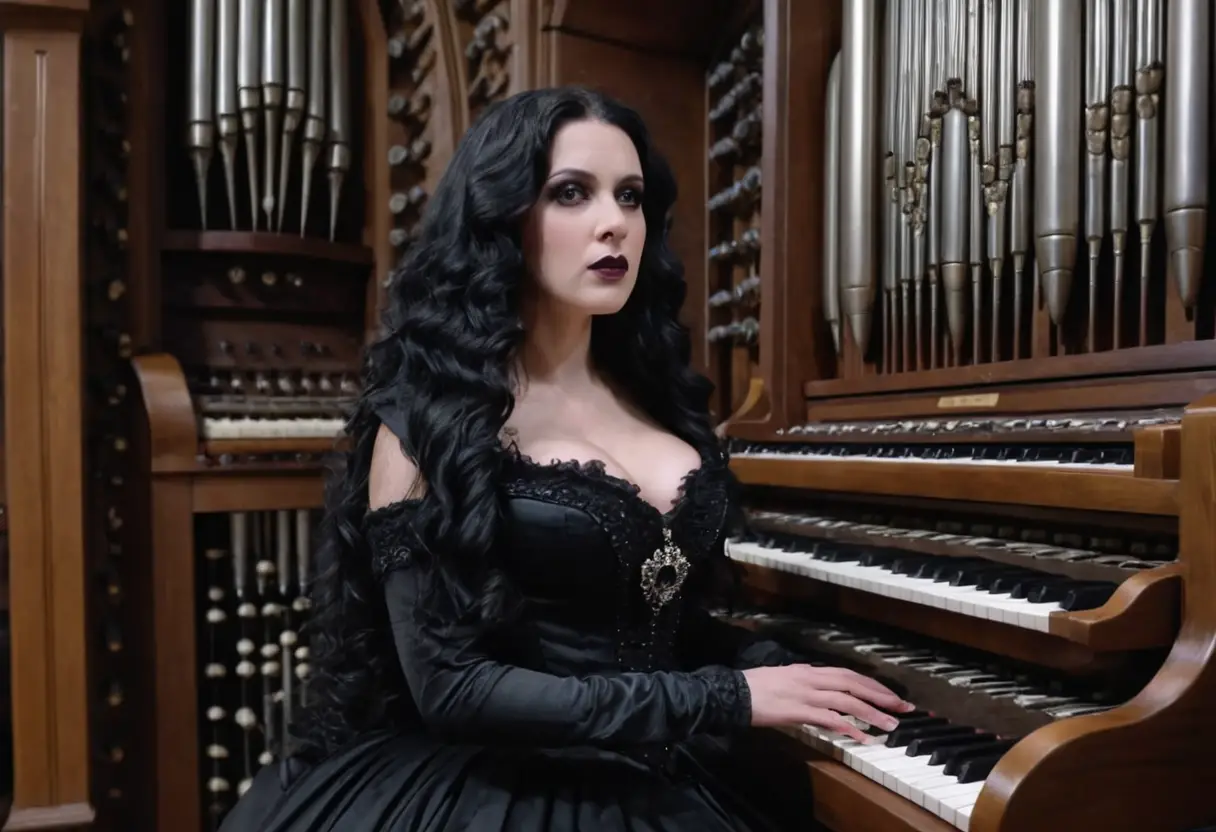 Ragazza gotica che suona un grande organo a canne in una stanza buia