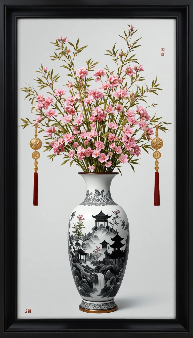 Bambou chinois et fleurs de cerisier dans un vase en porcelaine orné