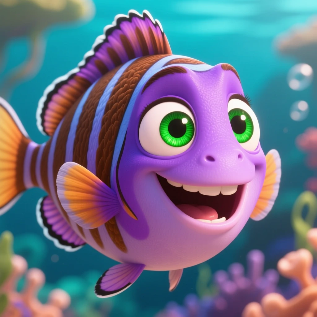 Joyful purple fish with green eyes in 3D cartoon style