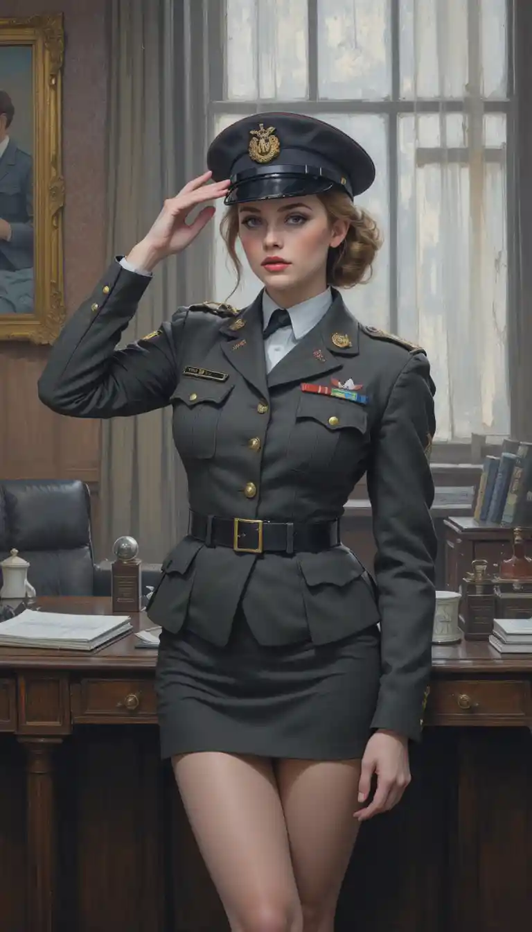 Femme glamour en uniforme militaire saluant dans un bureau
