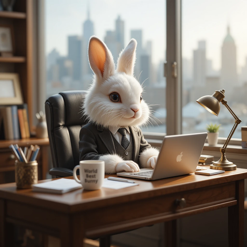 Coelho branco em um minúsculo terno de negócios trabalhando em uma mesa