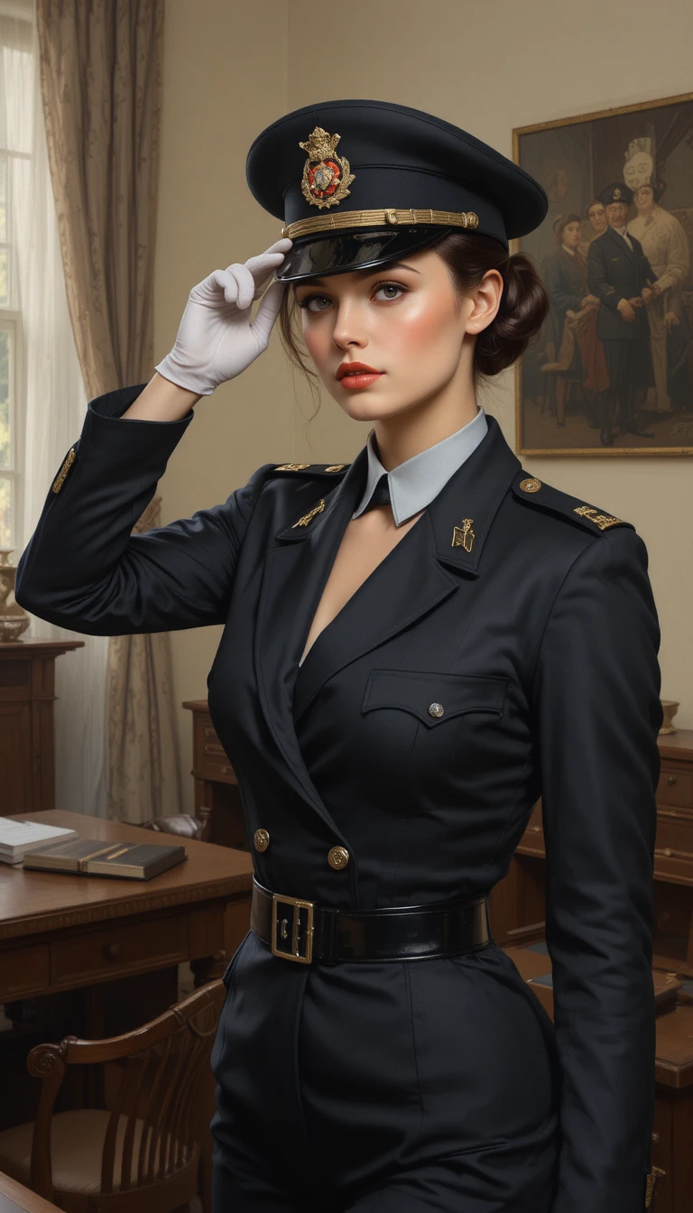 Femme glamour en uniforme militaire noir saluant dans un bureau