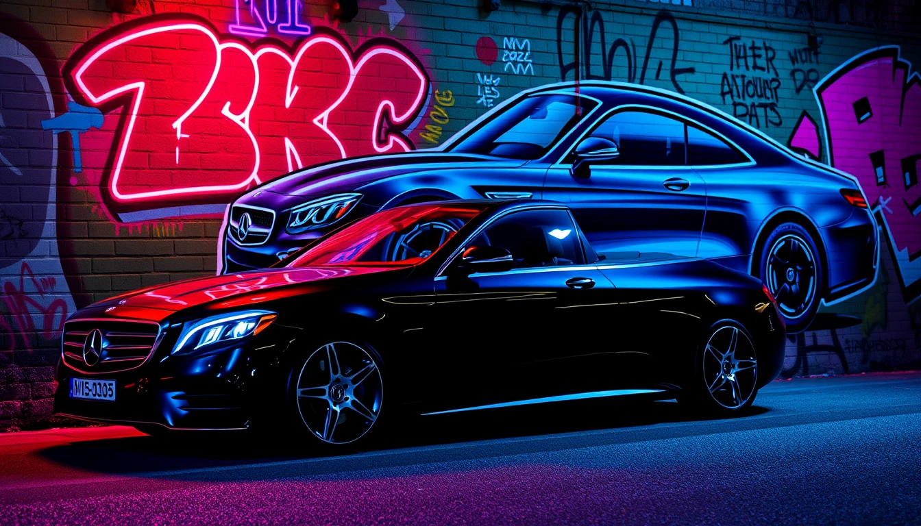 Luxury sedan parked by vibrant graffiti mural wall