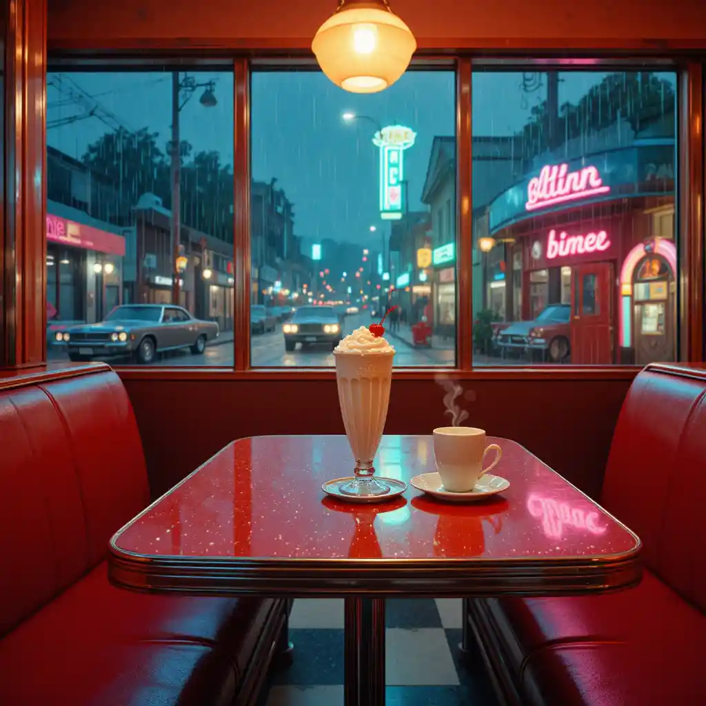 Accogliente tavolo del diner anni ’50 con milkshake e caffè