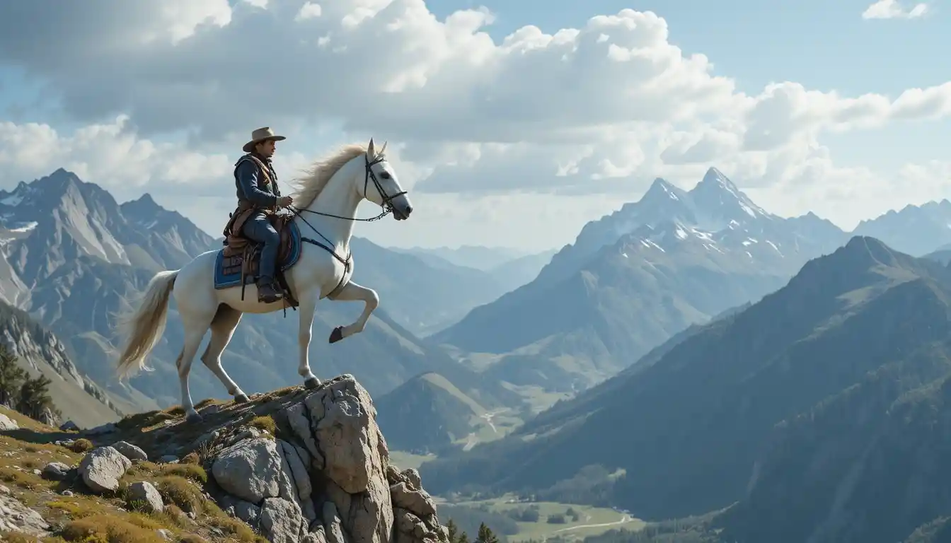 Cowboy montando um cavalo em salto entre duas montanhas