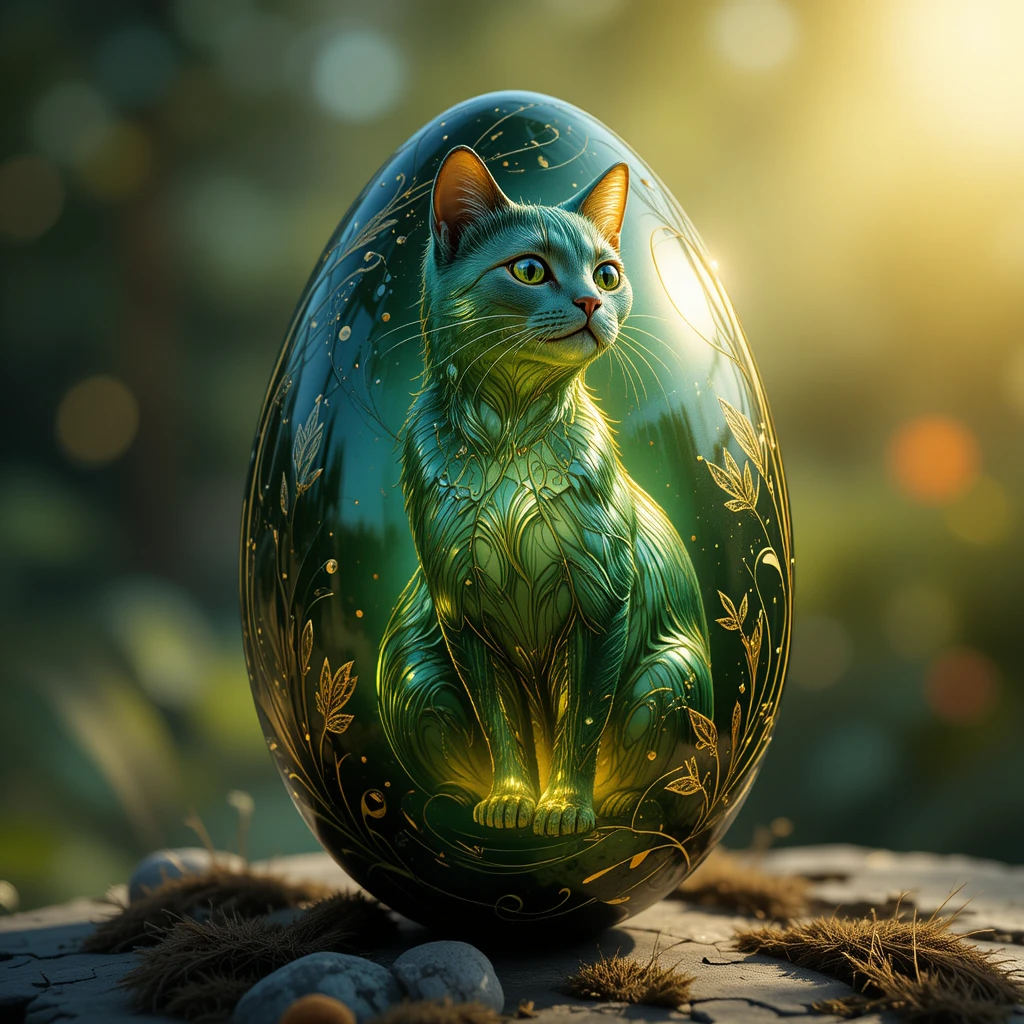 Œuf vert foncé brillant doucement au soleil chaud