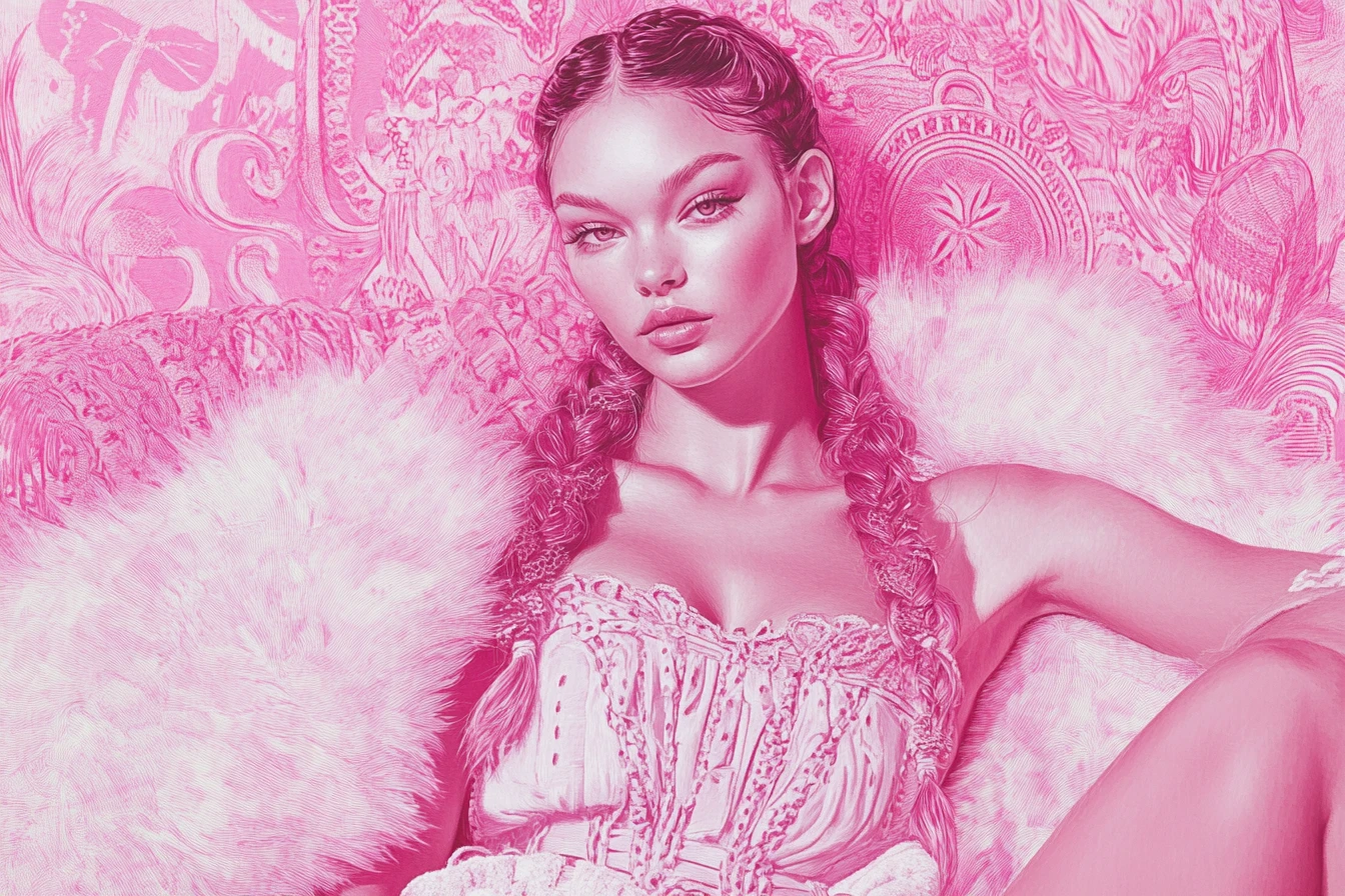 Young woman lounging on settee in pink fashion illustration