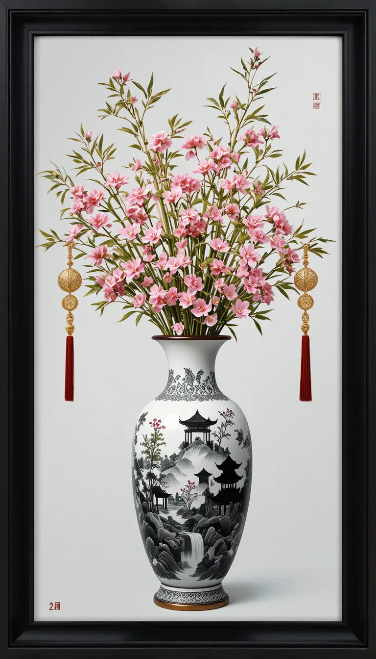 Chinese bamboo and cherry blossoms in ornate porcelain vase