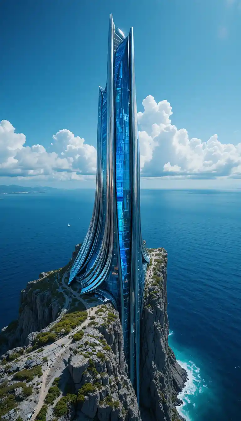 Gratte‑ciel futuriste émergeant d’une falaise côtière escarpée