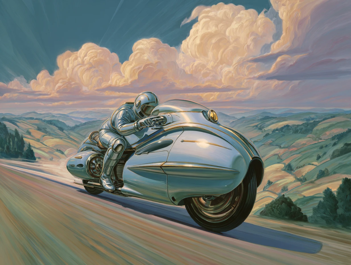 Moto de super-herói retrofuturista correndo por colinas suaves