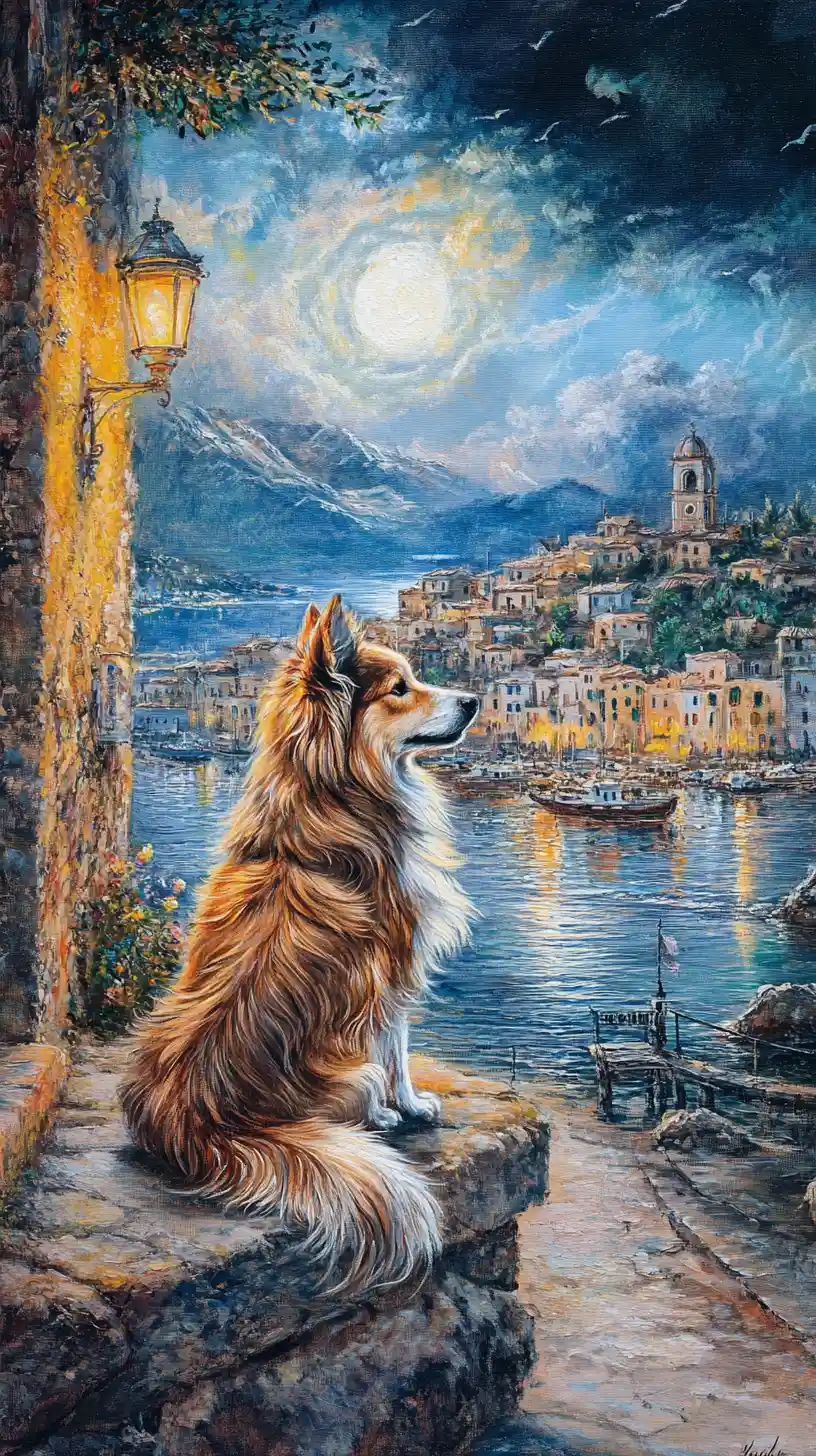 Glaskunst eines Collies in einer stillen Nachtstraße
