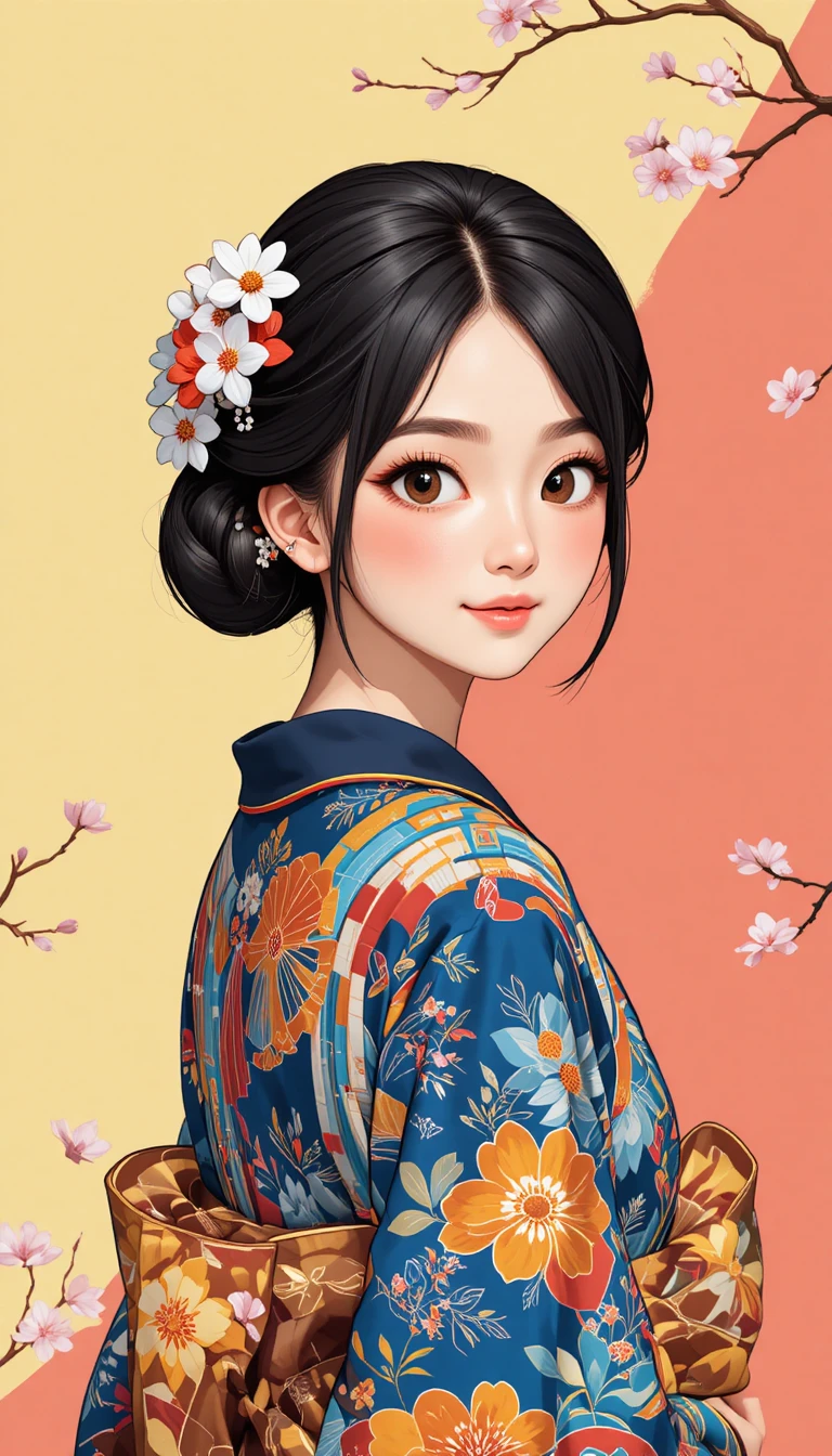 穿著花卉和服的年輕日本少女漫畫插畫