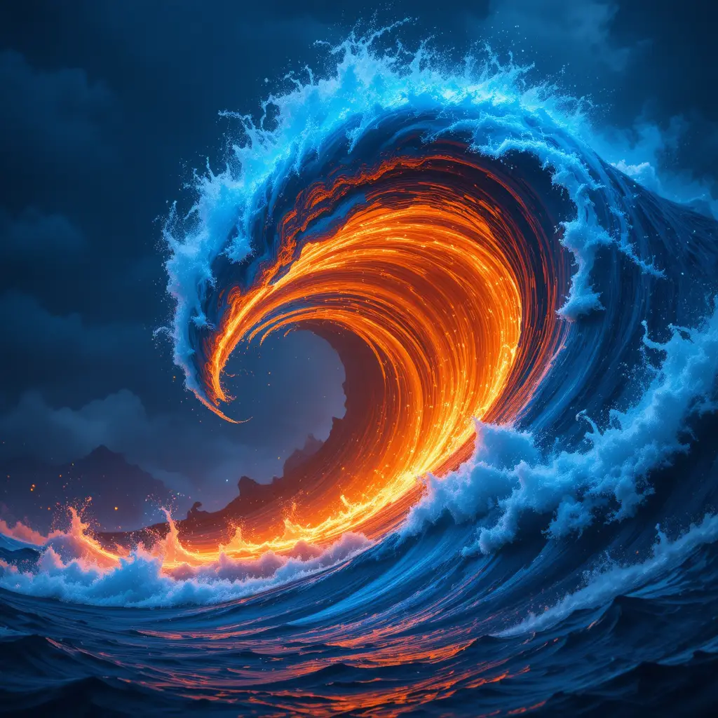 黑暗暴風天空下撞擊的炙熱火焰海浪