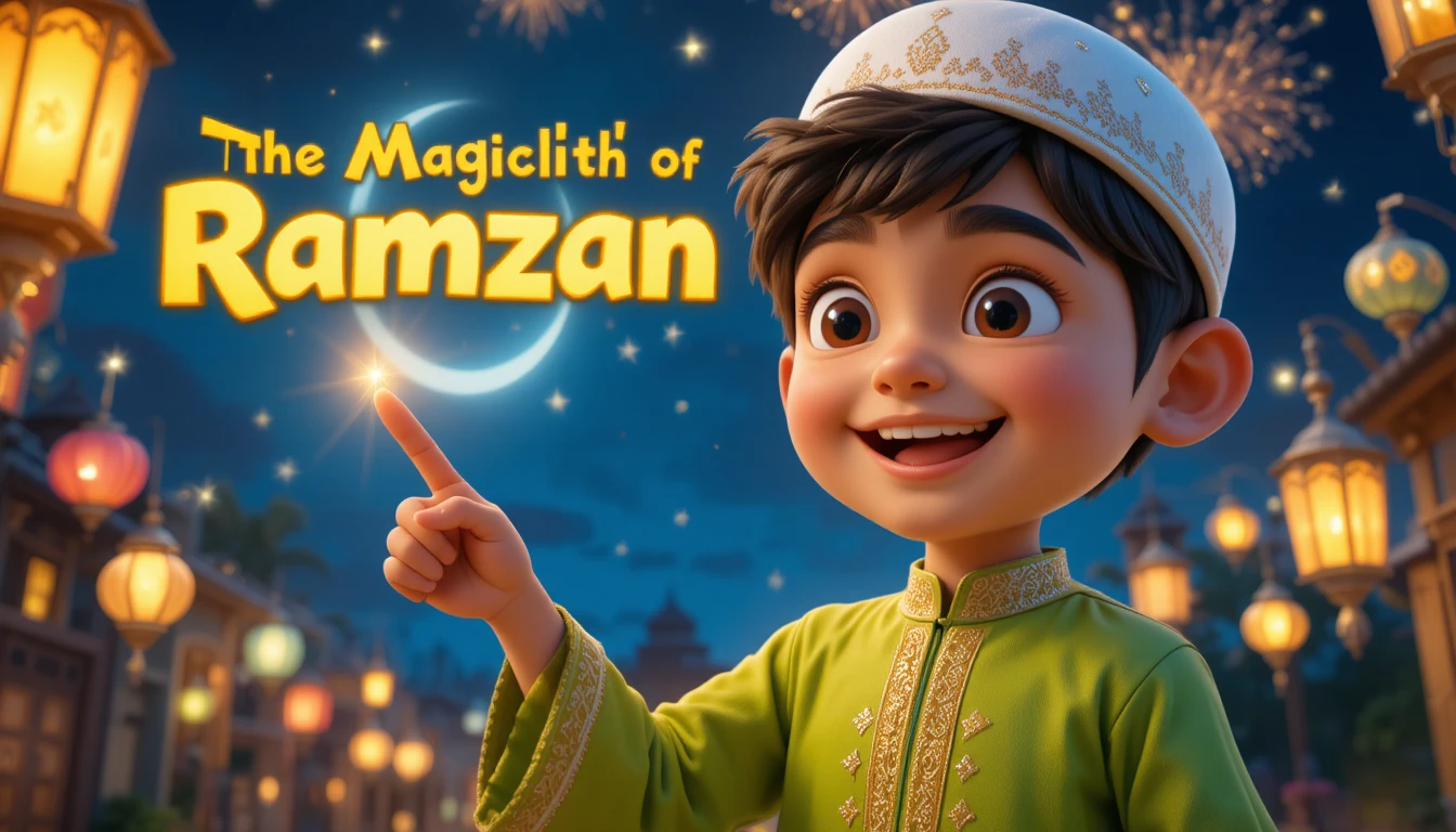 Smiling boy pointing at a glowing crescent moon