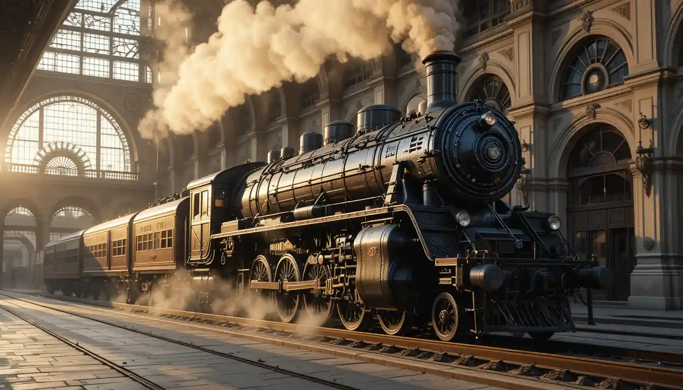 Steam locomotive at grand historic station in golden light