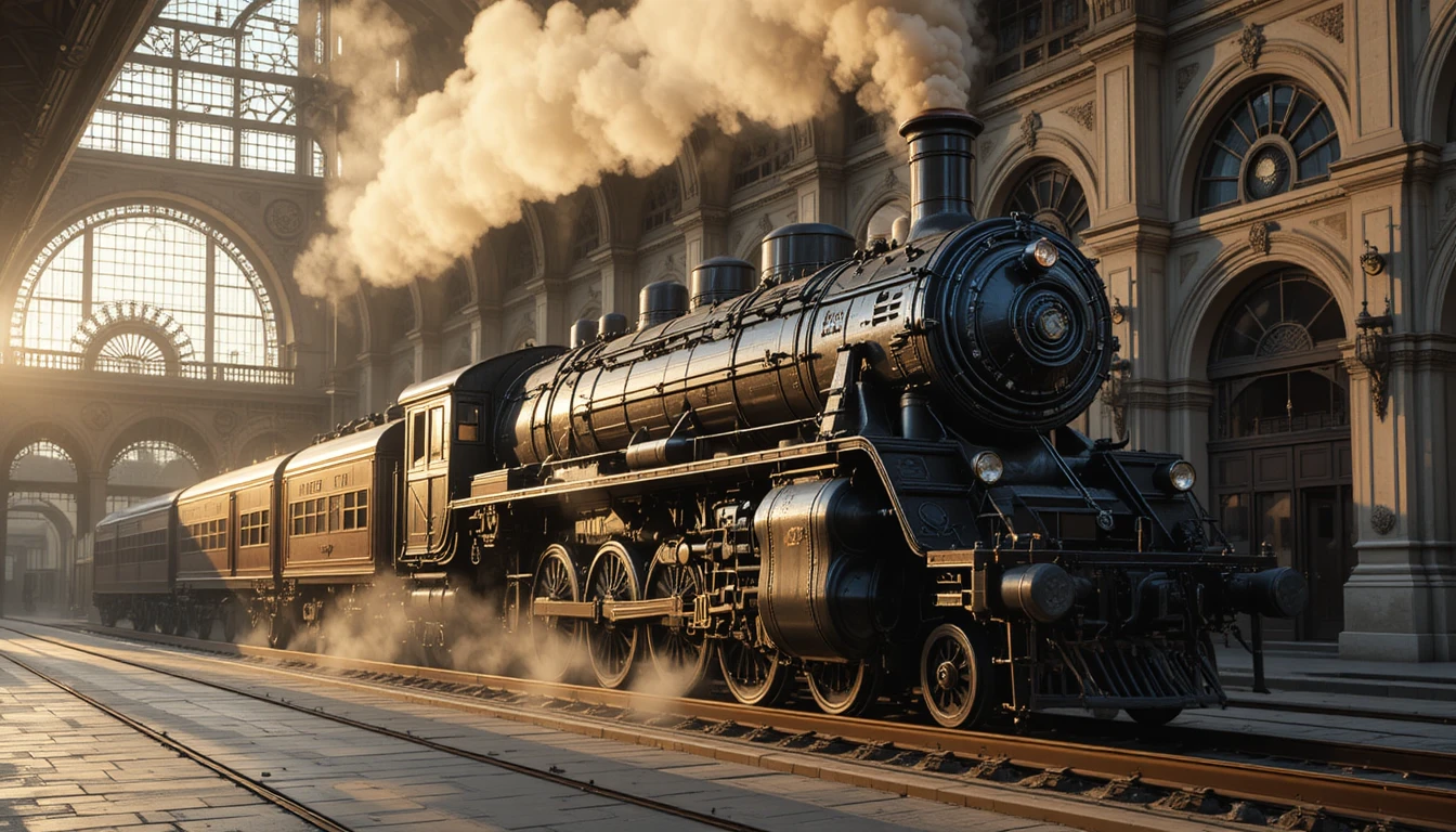 Steam locomotive at grand historic station in golden light