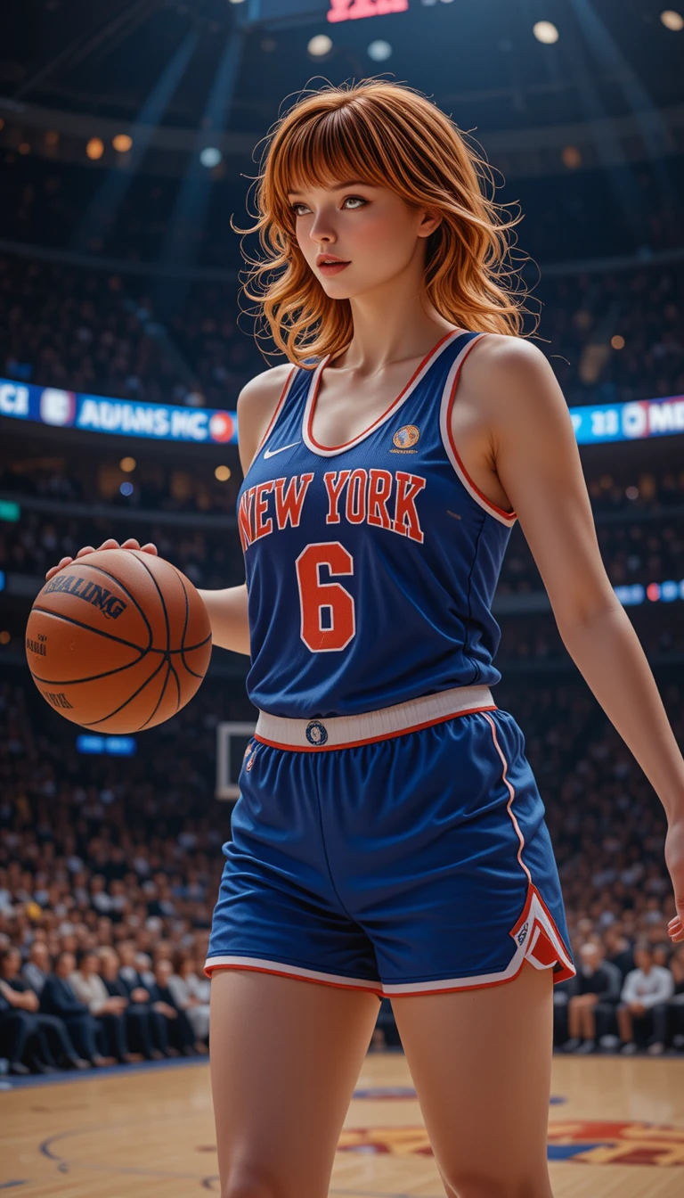 Red haired woman playing basketball in a packed arena