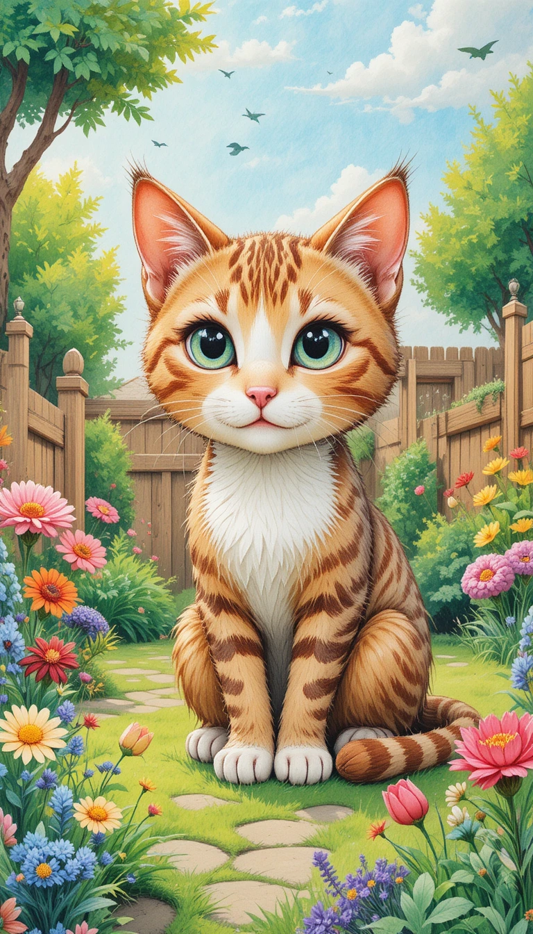 Color pencil cat illustration in a playful kindergarten garden