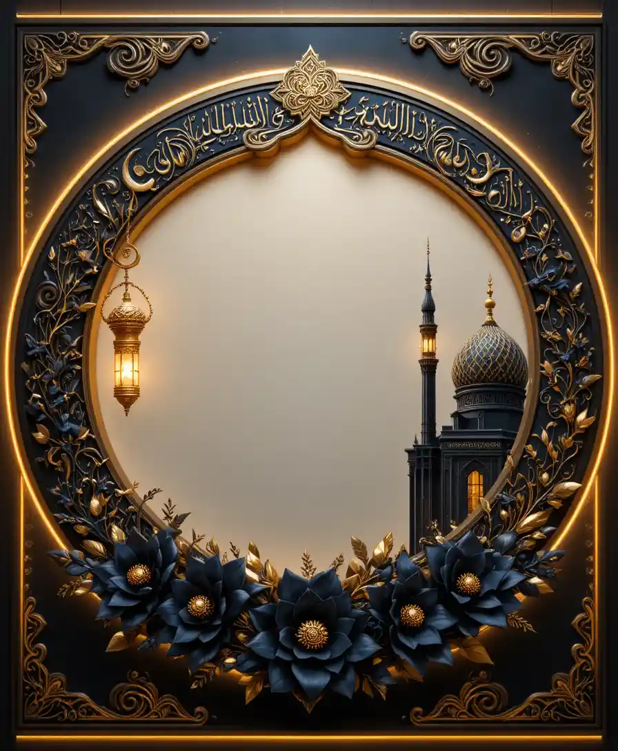 Moldura islâmica ornamentada em forma de crescente com mesquita dourada e lanternas