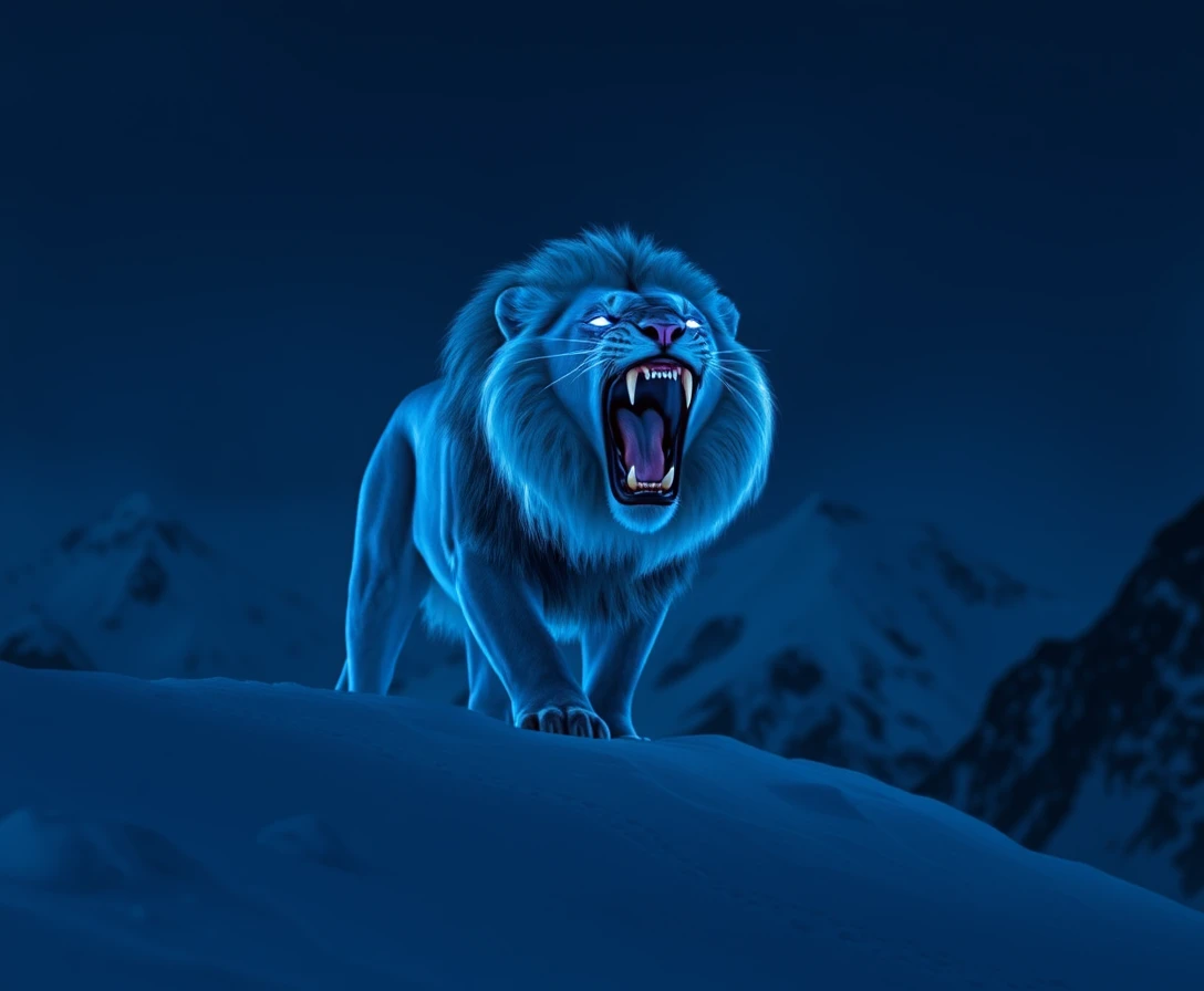 Leão azul rugindo em uma montanha nevada à noite