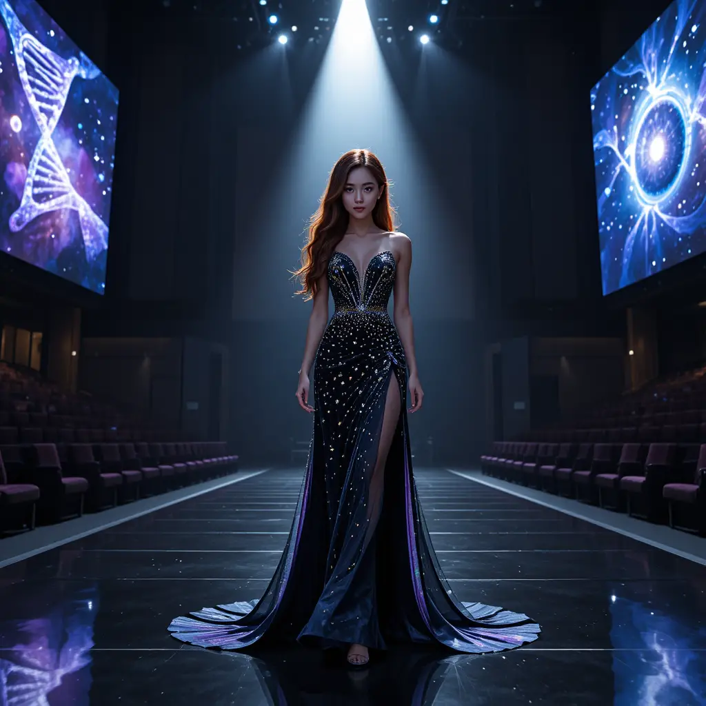 Rainha da beleza coreana em vestido de gala preto com tema de astrofísica