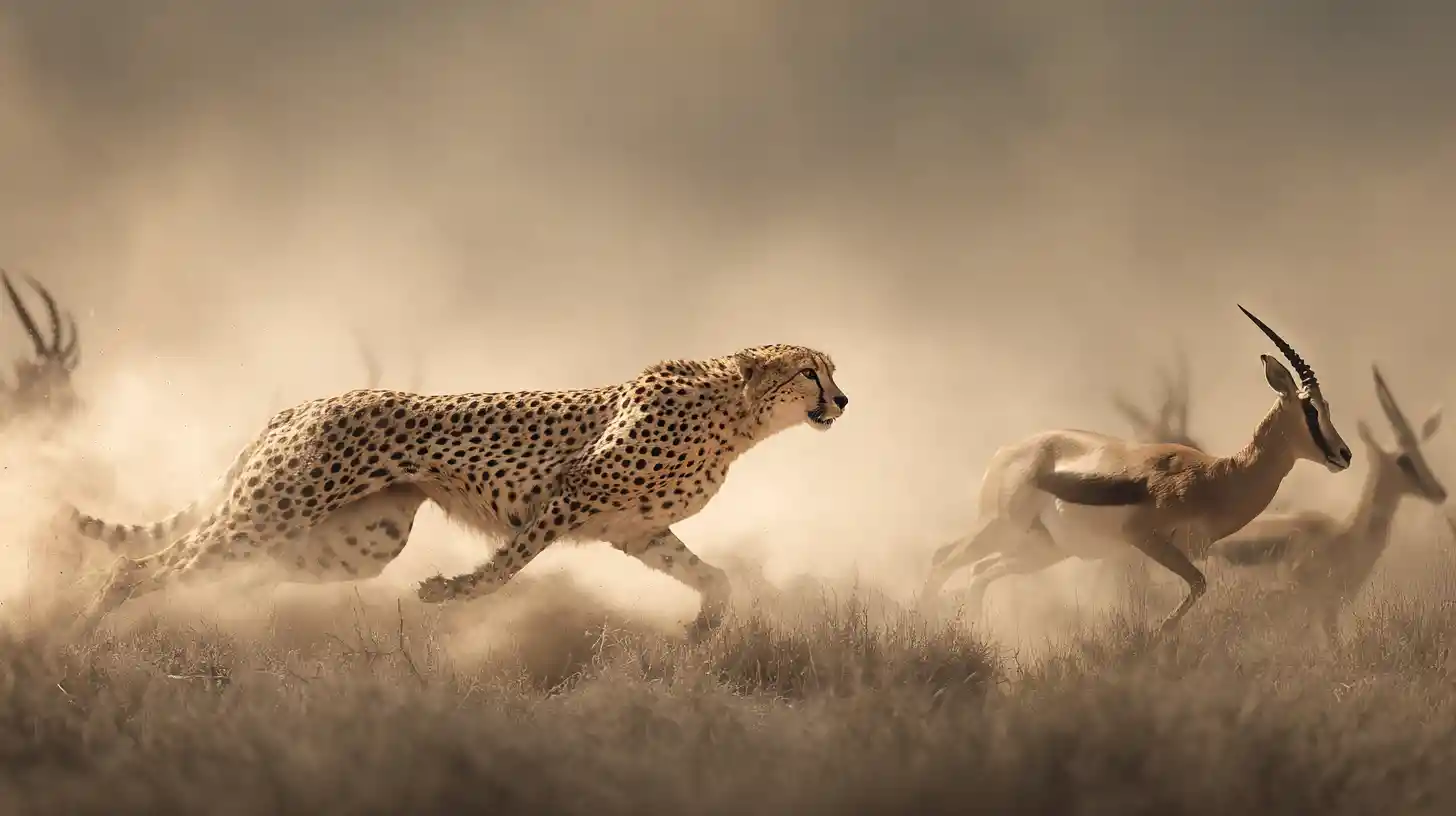 Gepard sprintet einer Gazelle über staubige afrikanische Ebenen hinterher