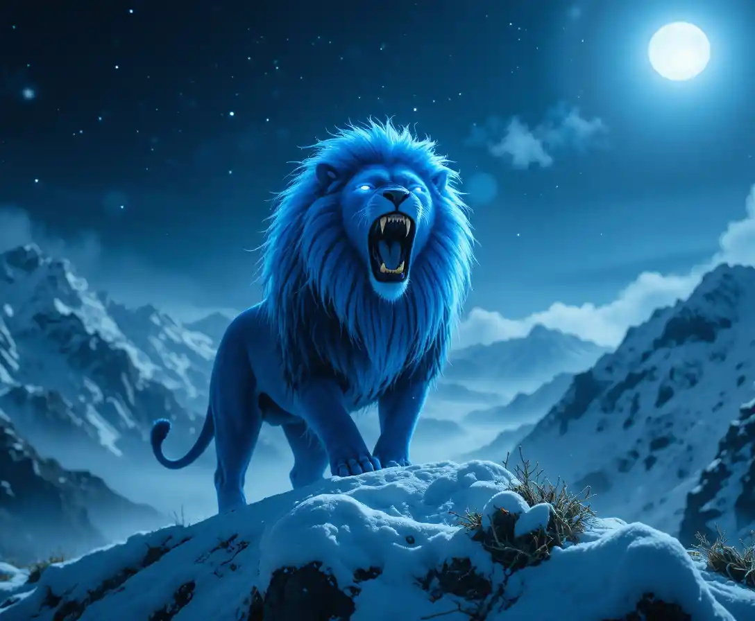 Blue lion roaring on a snowy mountain at night