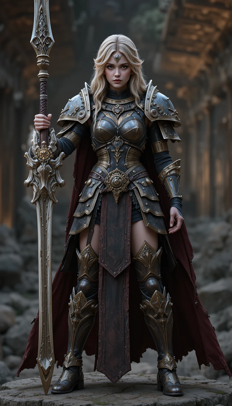 Fierce female warrior stands ready in a grim fantasy warzone