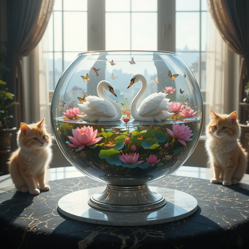 Chat curieux observant des cygnes-lotus dans un bol en cristal