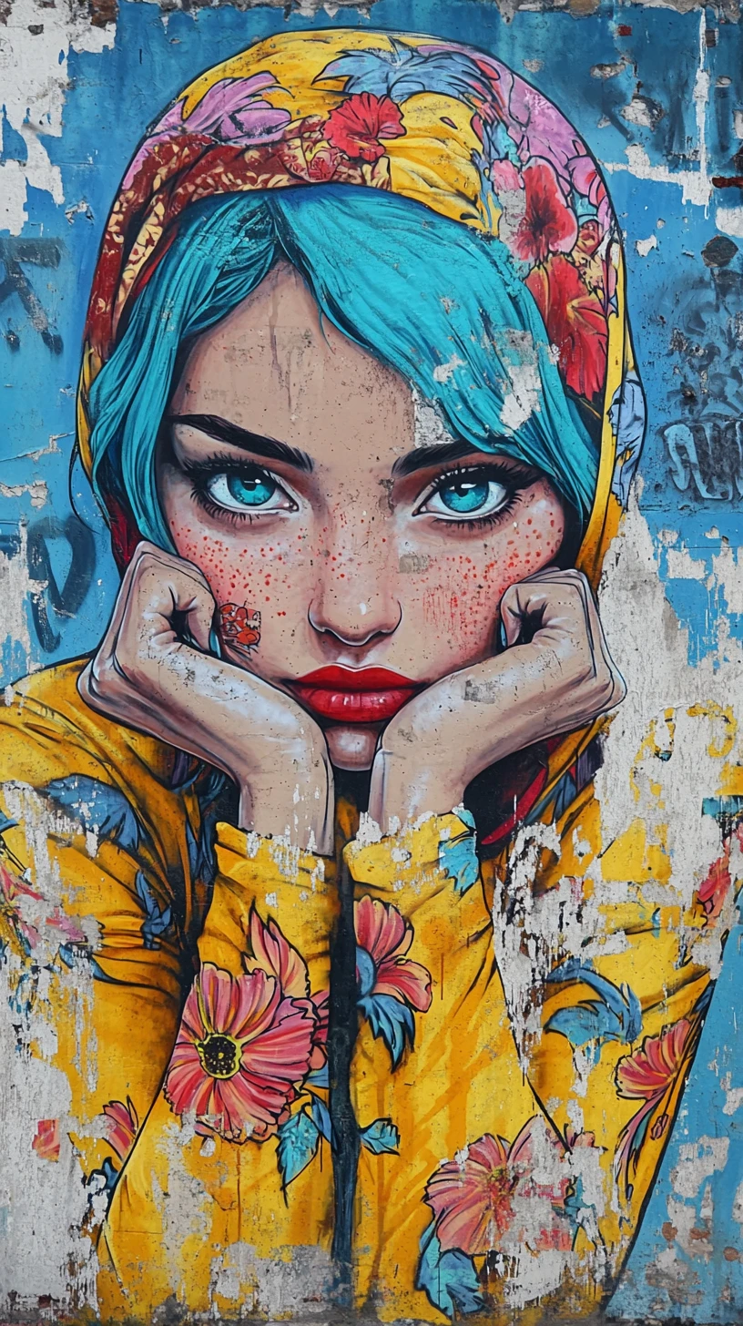 Retrato em graffiti de mulher de cabelo azul com lenço floral