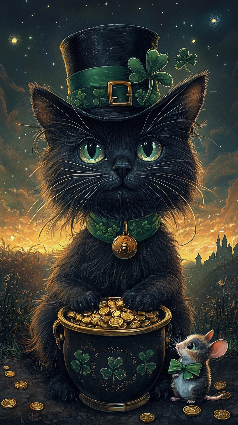 Gatto nero arruffato con cilindro e pentola d’oro