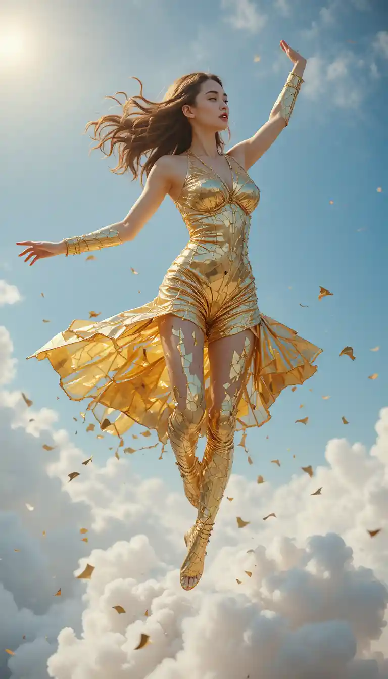 Curvy woman dancing and jumping on bright dreamy clouds
