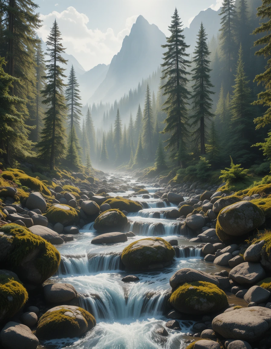 Sunlit mountain forest with clear river and misty peaks